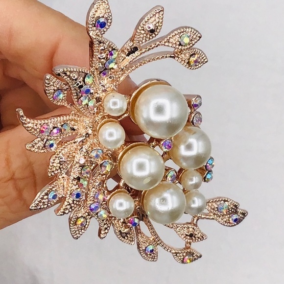 Vtg 90’s Brooch Floral AB Rhinestone Faux Pearl Statement Flower Leaf Estate 3” - Picture 2 of 7